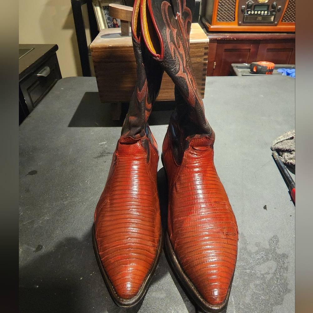 Men's Nocona Red Leather Lizard Skin Western Cowboy Boots Size 11